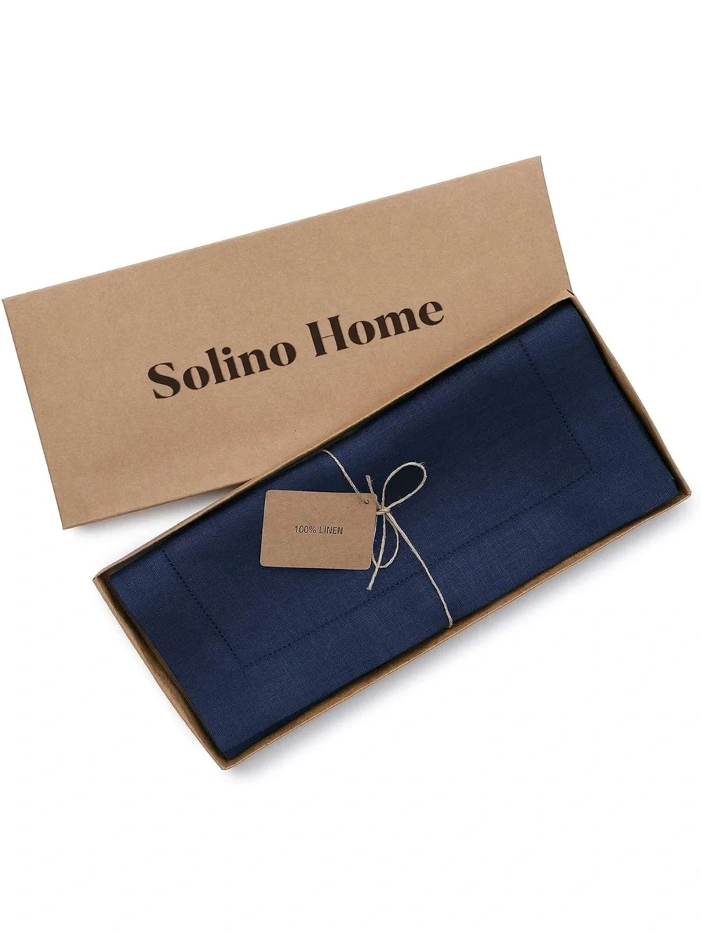Solino Home 100% Pure Linen Table Runner Navy, Classic Hemstitch 14 x 48 in new